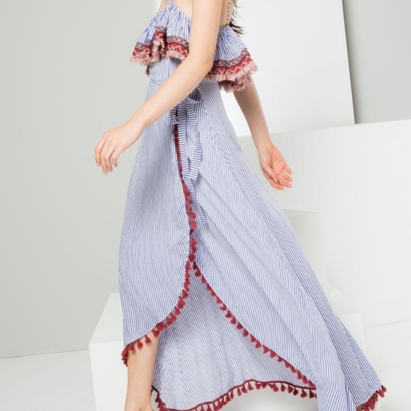 Charlie O. 💜 Kinnucan's Striped Maxi Dress Semi Wrap Boho Tassels Fringe Medium - Picture 2 of 12